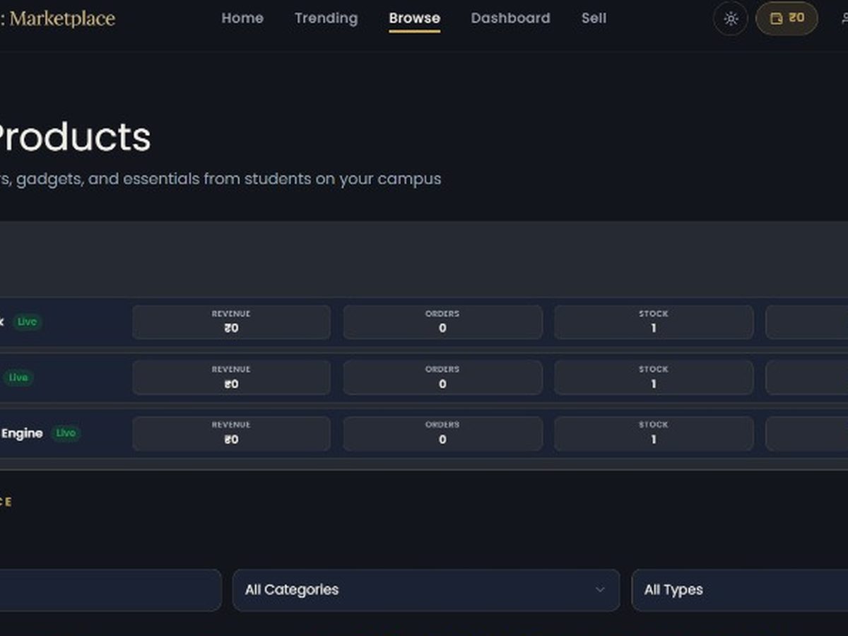 CampusBox browse products page with listings